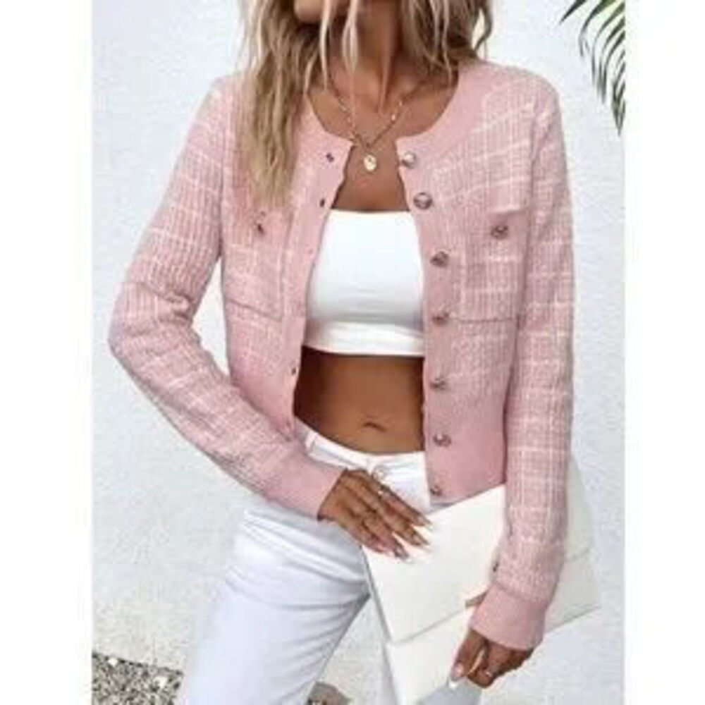 Pink Plaid Button Up Cardigan Knit Long Sleeve Stretchy